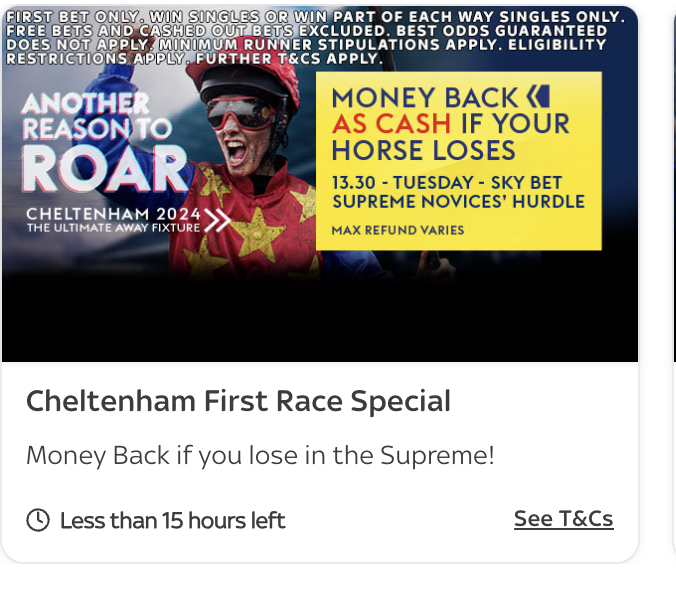 Risk free bet on day 1 of Cheltenham with Sky Bet